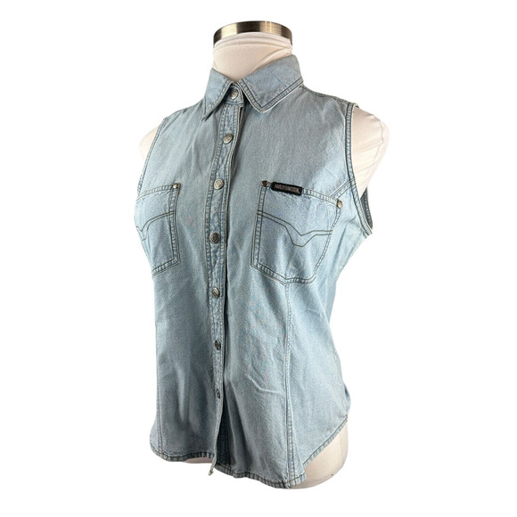 Harley Davidson Denim Vest Sleeveless Button Snap Shirt Blue Women's Size XL - Picture 8 of 12